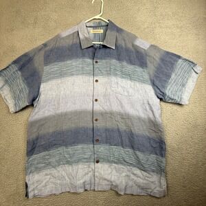 Tommy Bahama Mens XL Linen Striped Short Sleeve Camp Shirt Blue‎